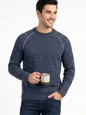 Men's Med Navy Blue Crewneck Sweater Classic Rib Sleeve Detail 80% Lamb Wool 337